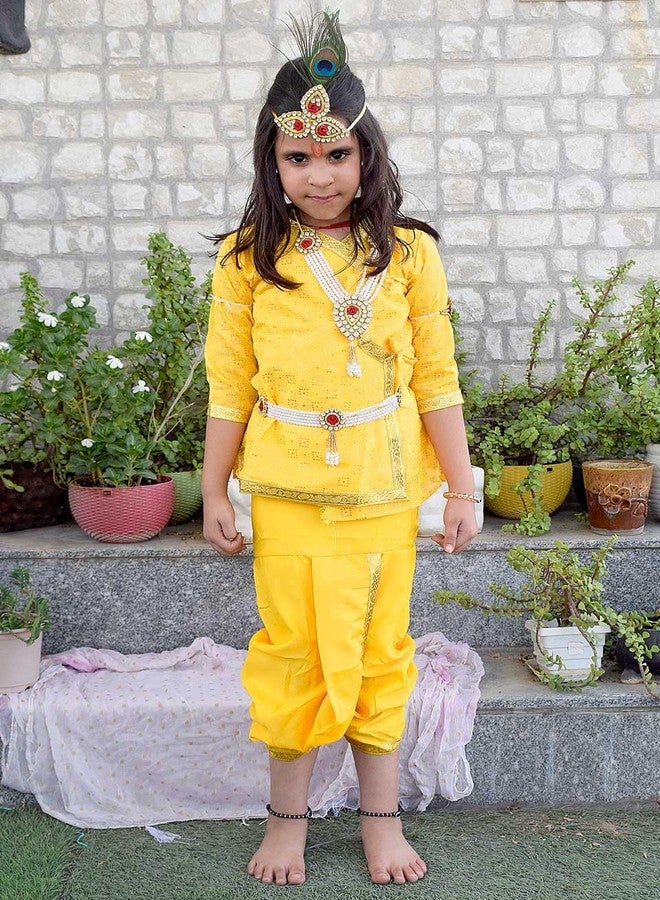 SATVIK Yellow Krishna Dress for Boys | Printed Cotton Linen Outfit with Golden Border | Janmashtami Fancy Dress, Cultural Events, Temple Celebrations (0-1 Year (12-14)) - Image 4